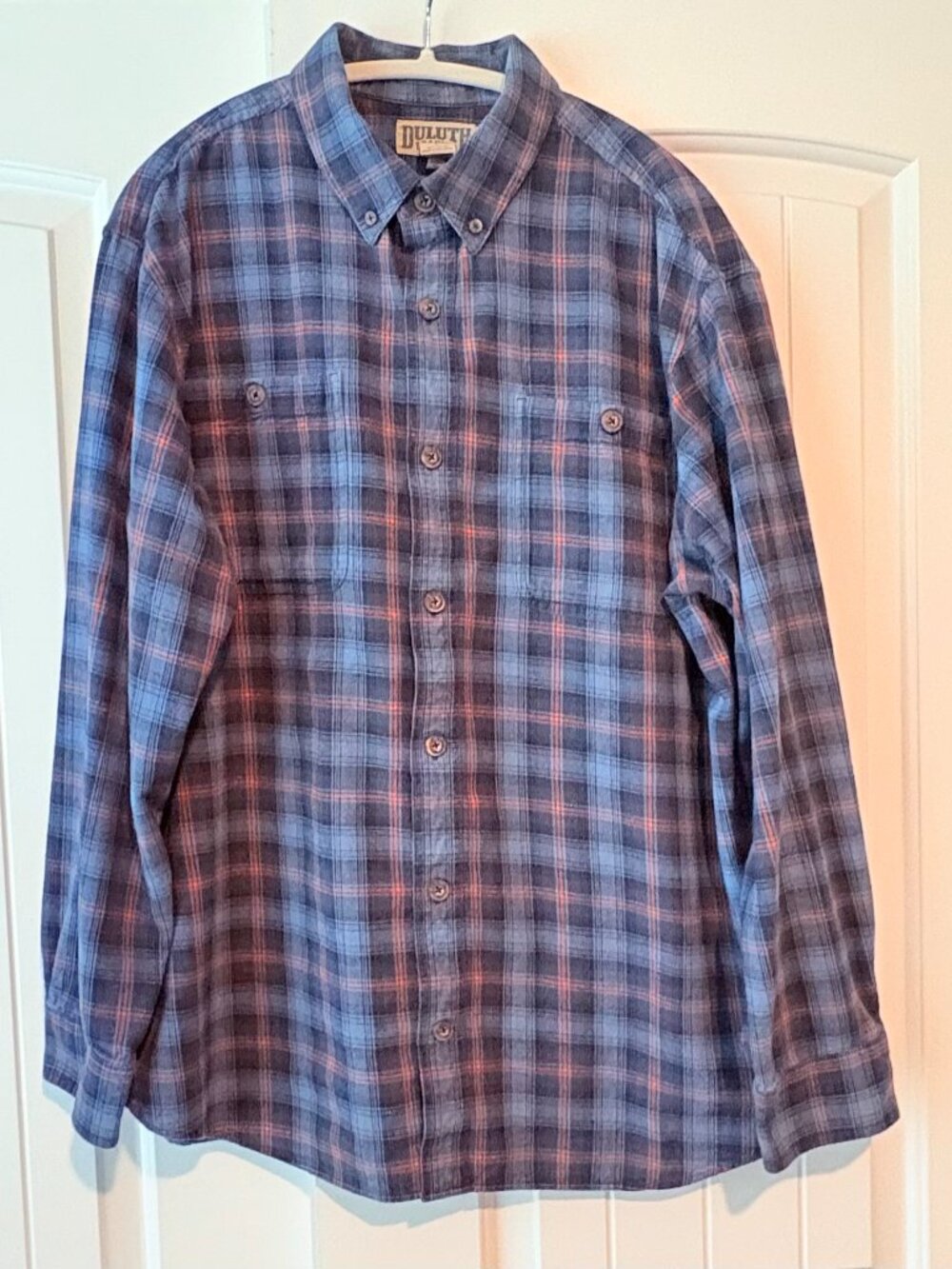 Duluth Trading Co Free Swingin Flannel Shirt Blue Orange Plaid Relaxed Fit L